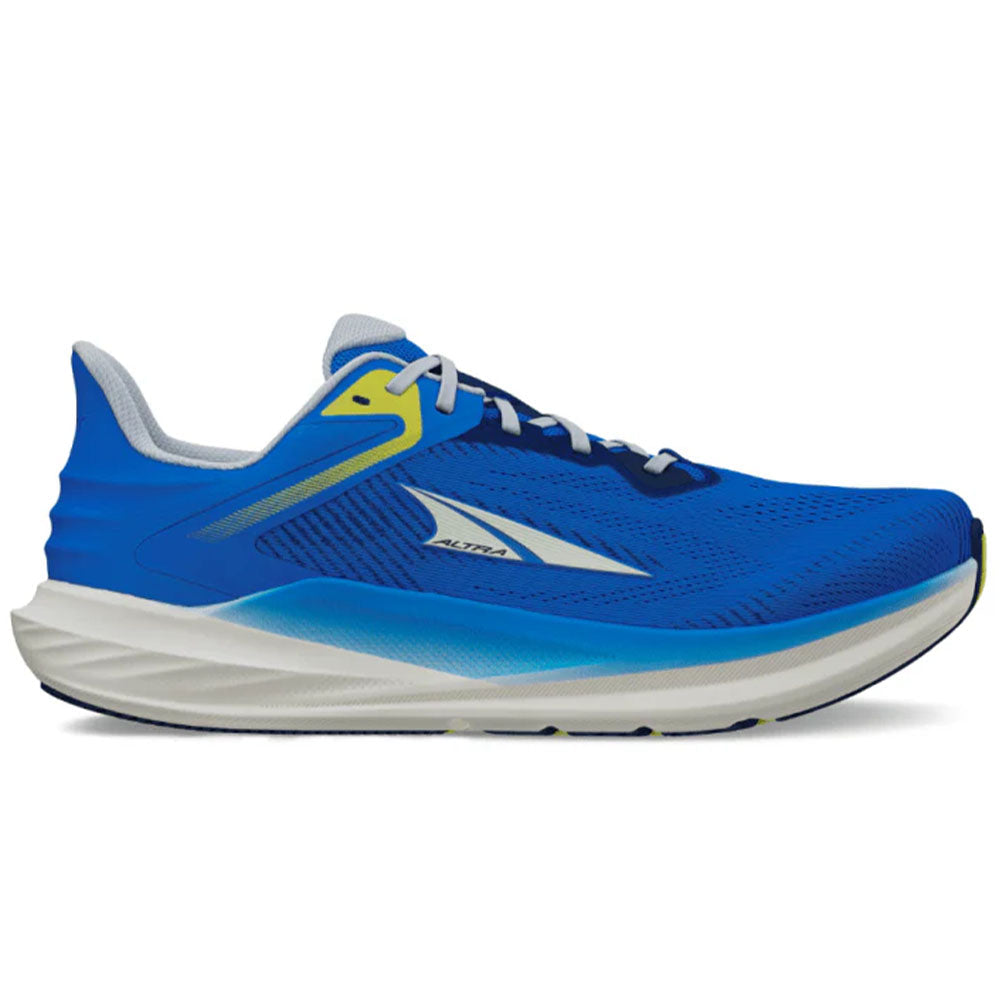 Side view on white background of Mens Altra Torin 8 running shoe in Blue/Yellow, Medium (Regular) width