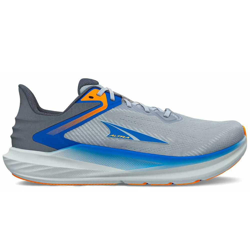 Side view on white background of Mens Altra Torin running shoe in Dark Gray/Blue, Medium (Regular) width