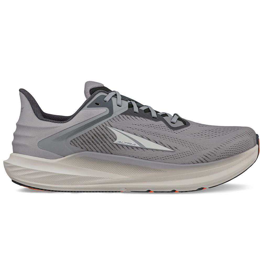 Side view on white background of Mens Altra Torin 8 running shoe in Dark Shadow, Wide width