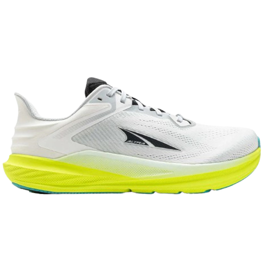 Side view on white background of Mens Altra Torin running shoe in White/Lime, Medium (Regular) width
