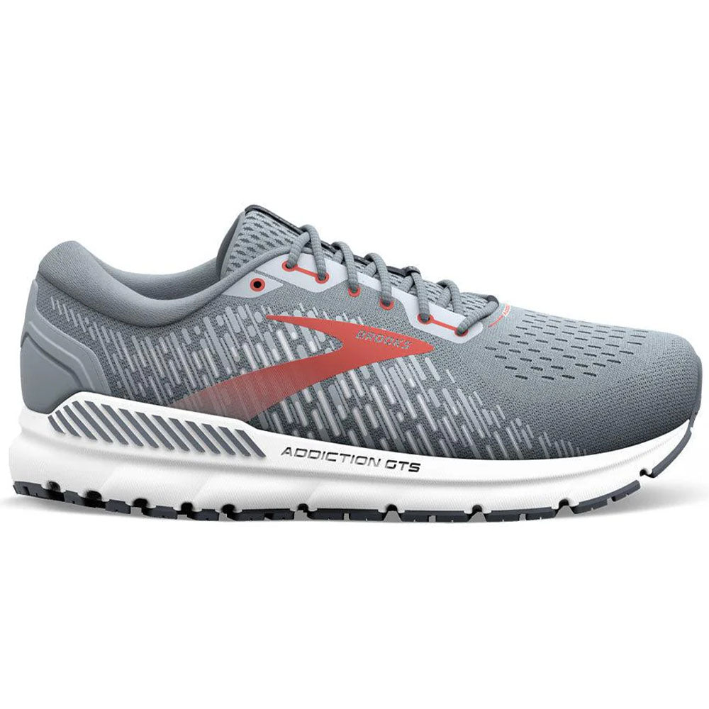 Side view on white background of Mens Brooks Addiction running shoe in Grey/Ebony/Chili Oil, Extra Wide width