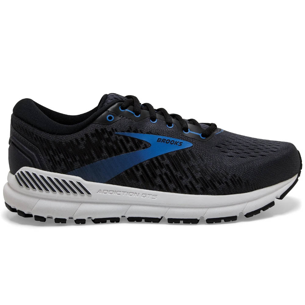 Side view on white background of Mens Brooks Addiction running shoe in India Ink/Black/Blue, Narrow width