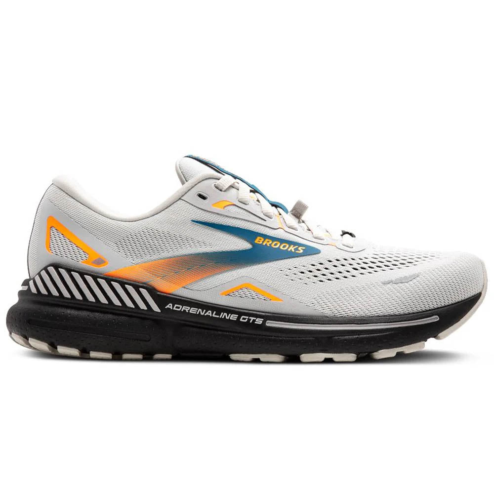 Side view on white background of Mens Brooks Adrenaline GTS running shoe in Oyster Mushroom/Orange/Blue, Medium (Regular) width