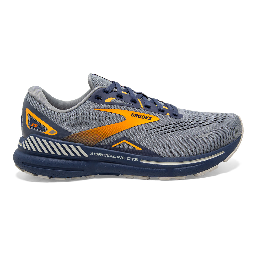 Men's Brooks Adrenaline GTS 23, Grey/Crown Blue/Orange, 14 D Medium