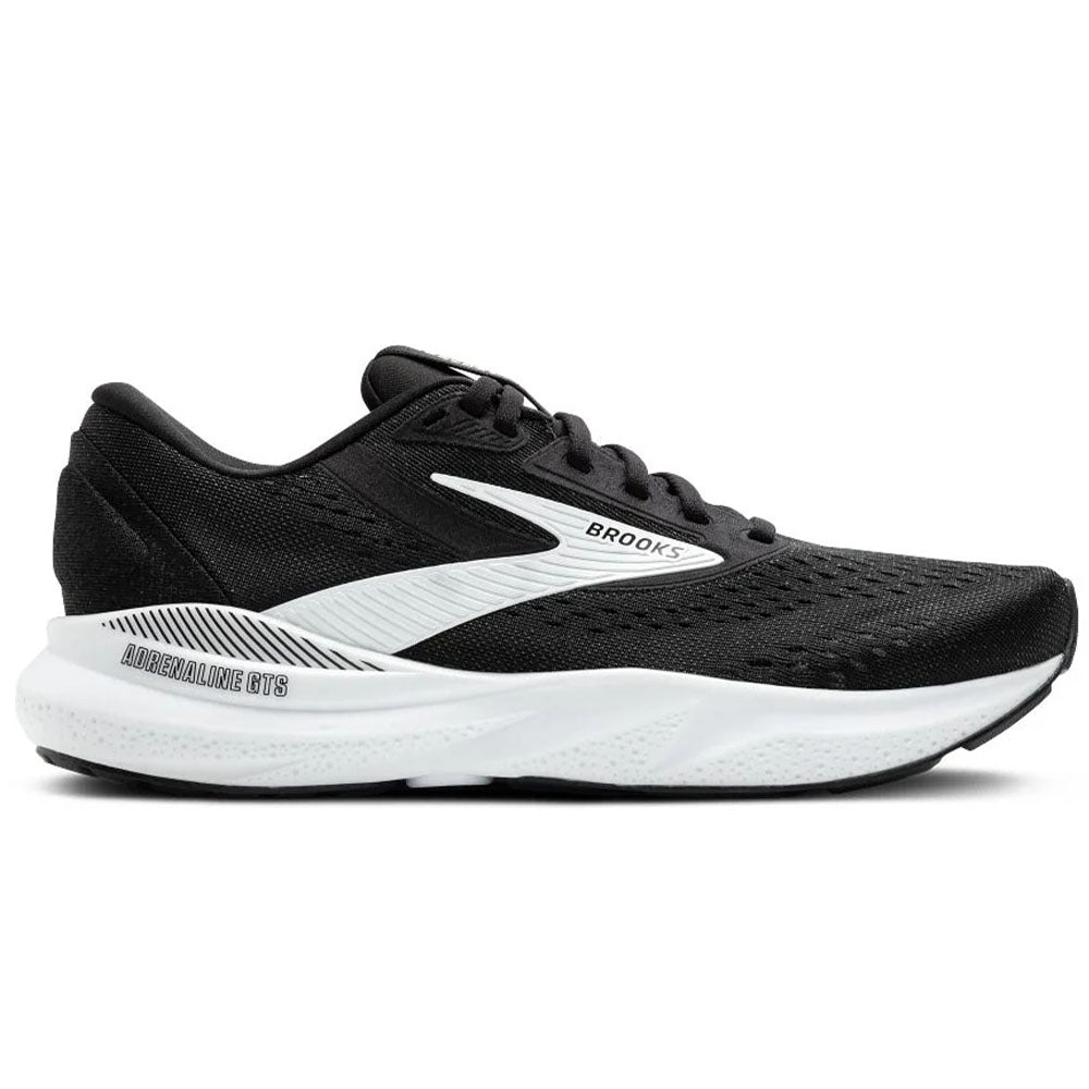 Side view on white background of Mens Brooks Adrenaline GTS running shoe in Black/White, Wide width