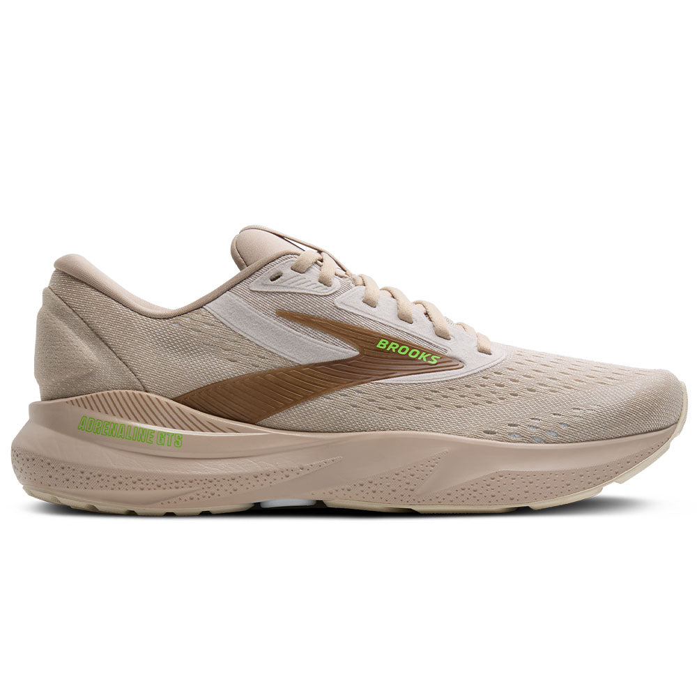Side view on white background of Mens Brooks Adrenaline GTS running shoe in Chateau Grey/Portabella/Green, Medium (Regular) width