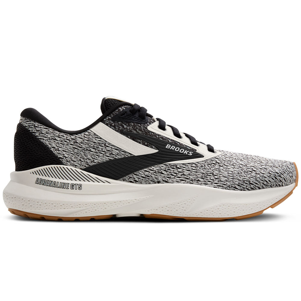 Side view on white background of Mens Brooks Adrenaline GTS running shoe in Coconut/Black/Biscuit, Medium (Regular) width