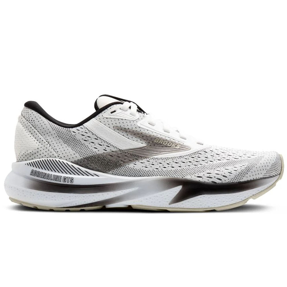 Side view on white background of Mens Brooks Adrenaline GTS running shoe in White/Black/Pelican, Medium (Regular) width
