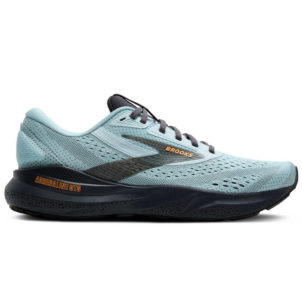 Side view on white background of Mens Brooks Adrenaline GTS running shoe in Winter Sky/Ebony/Orange, Medium (Regular) width