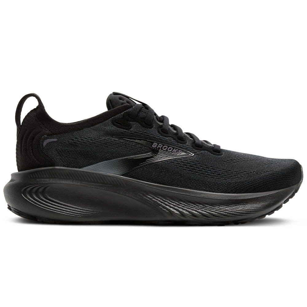Side view on white background of Mens Brooks Adrenaline running shoe in Black/Black/Ebony, Extra Wide width