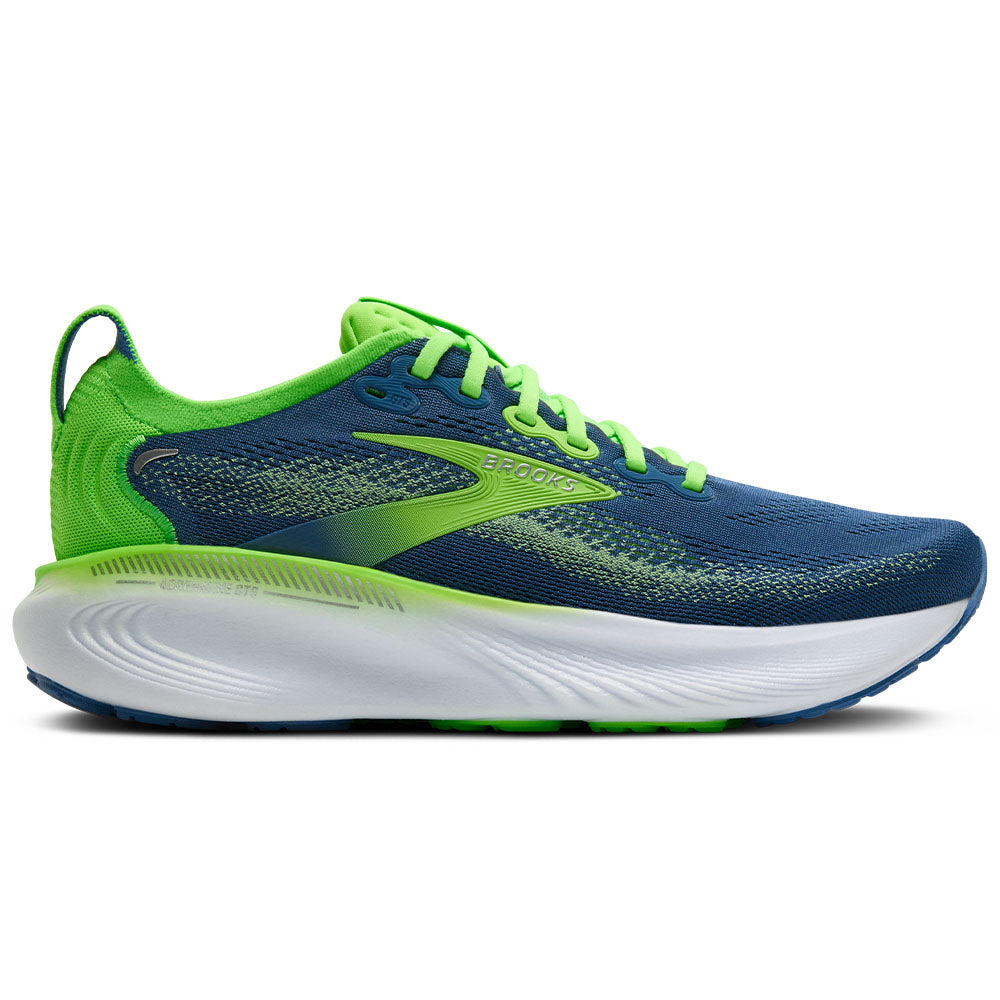 Side view on white background of Mens Brooks Adrenaline running shoe in Green/Moonlight/Phantom, Medium (Regular) width