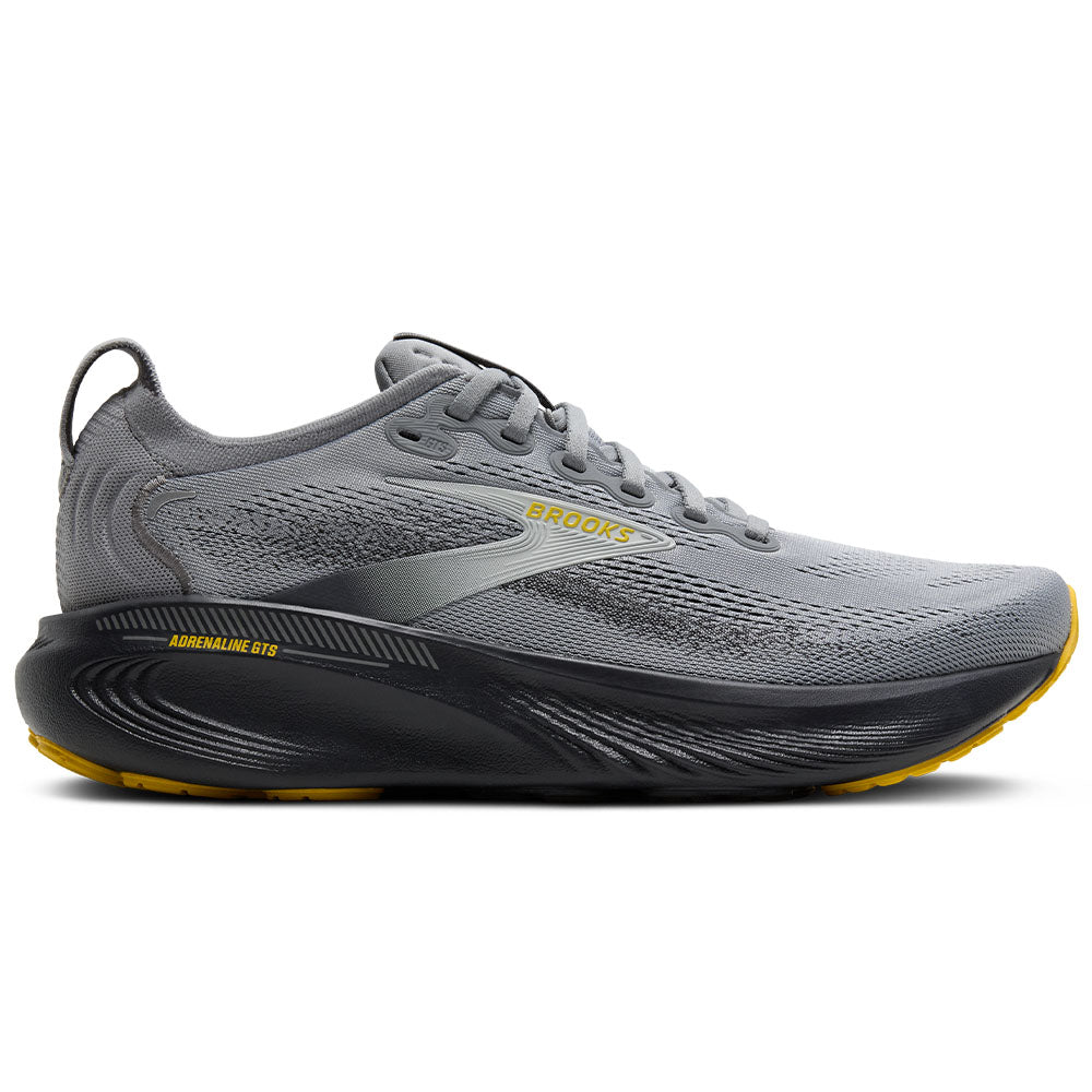Side view on white background of Mens Brooks Adrenaline running shoe in Primer Grey/Ebony/Jasmin, Medium (Regular) width