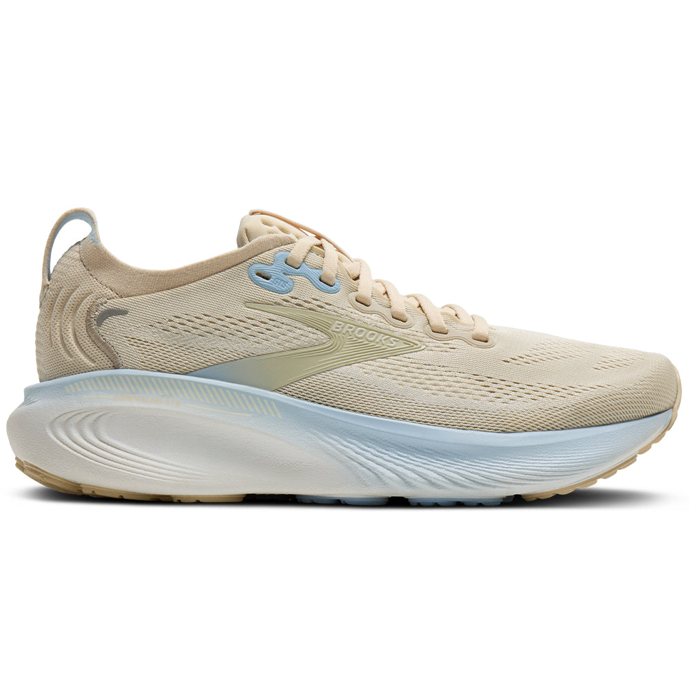 Side view on white background of Womens Brooks Adrenaline running shoe in Sand/Coconut/Skyway, Medium (Regular) width