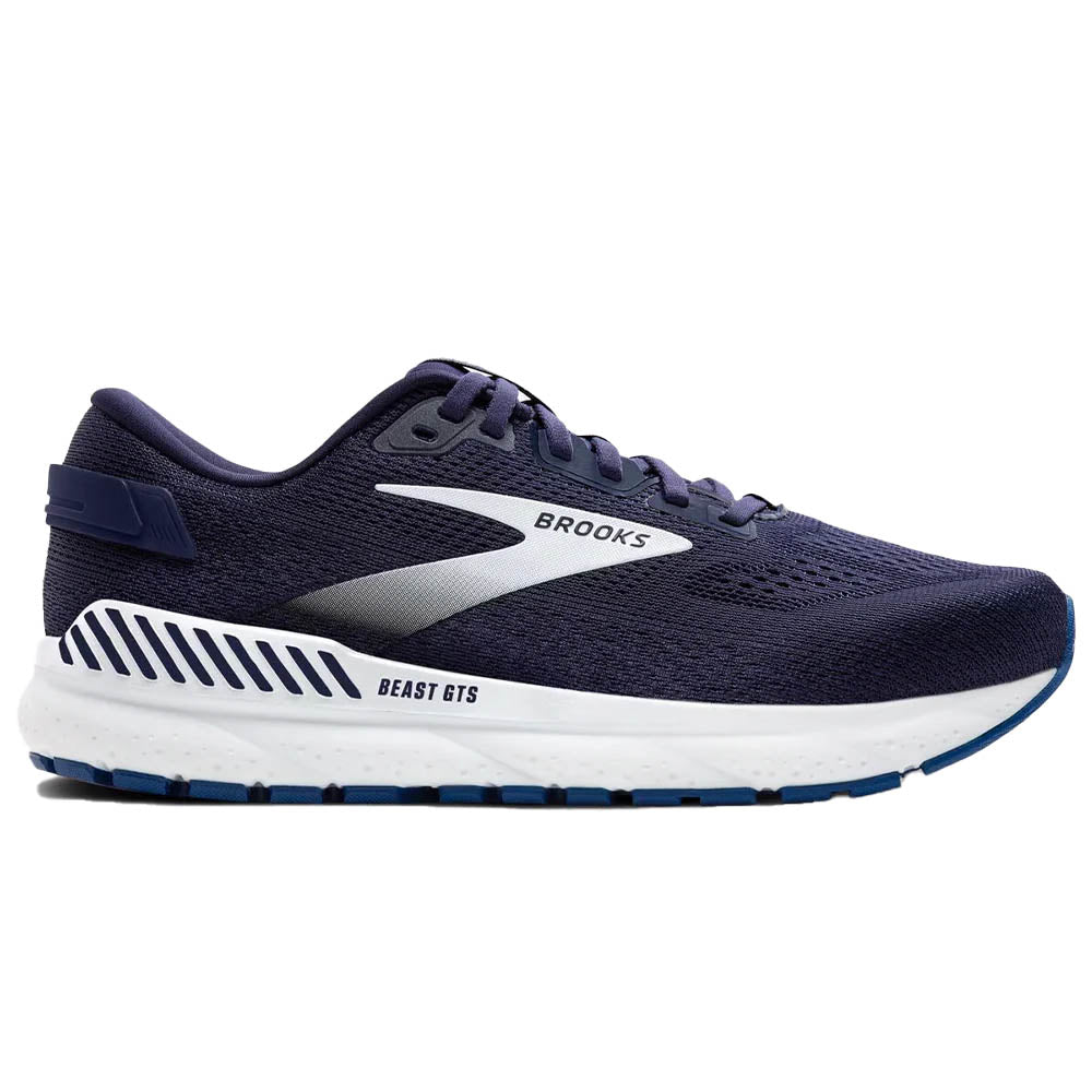 Side view on white background of Mens Brooks Beast running shoe in Peacoat/True Navy/White, Medium (Regular) width