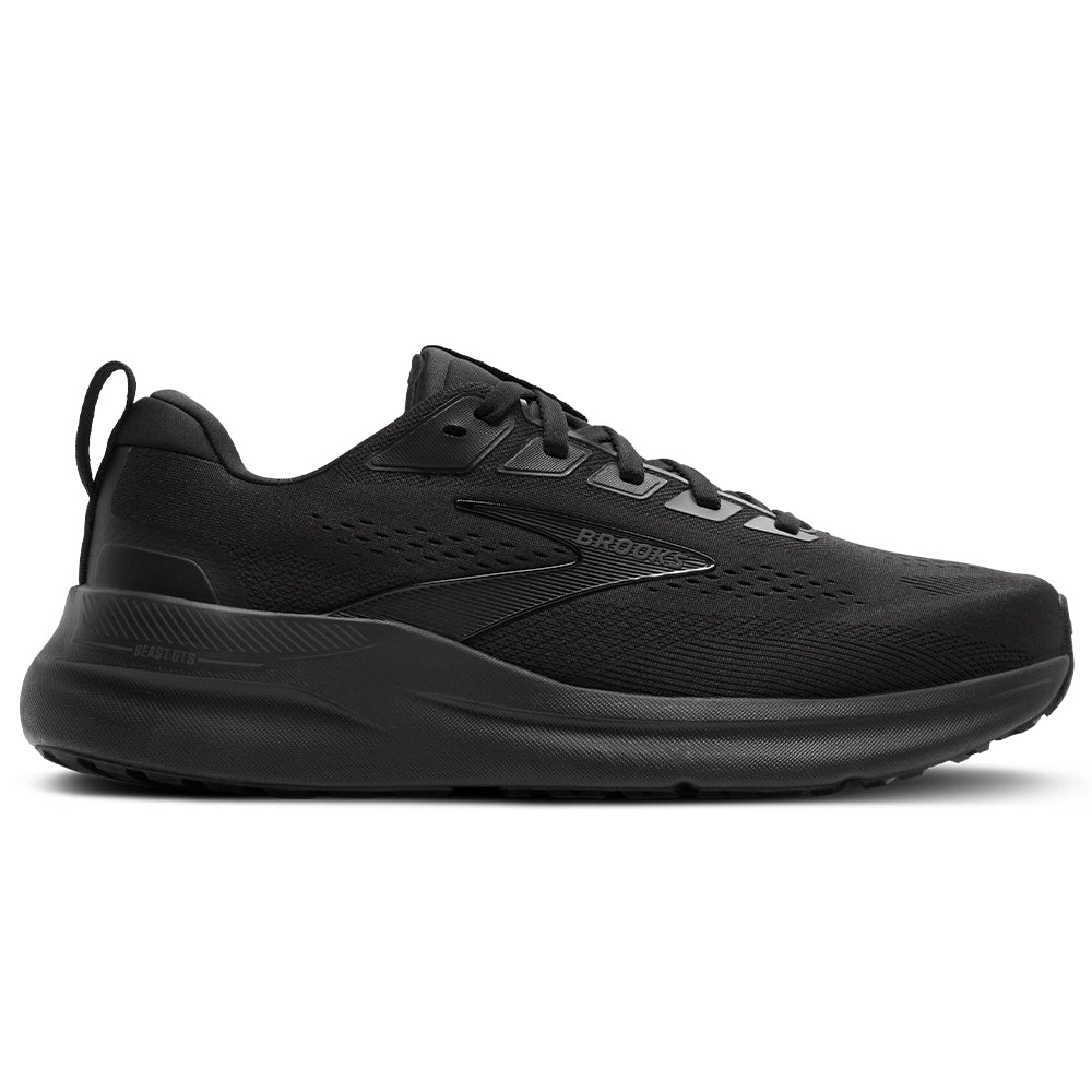 Side view on white background of Mens Brooks Beast running shoe in Black/Black/Grey, Medium (Regular) width