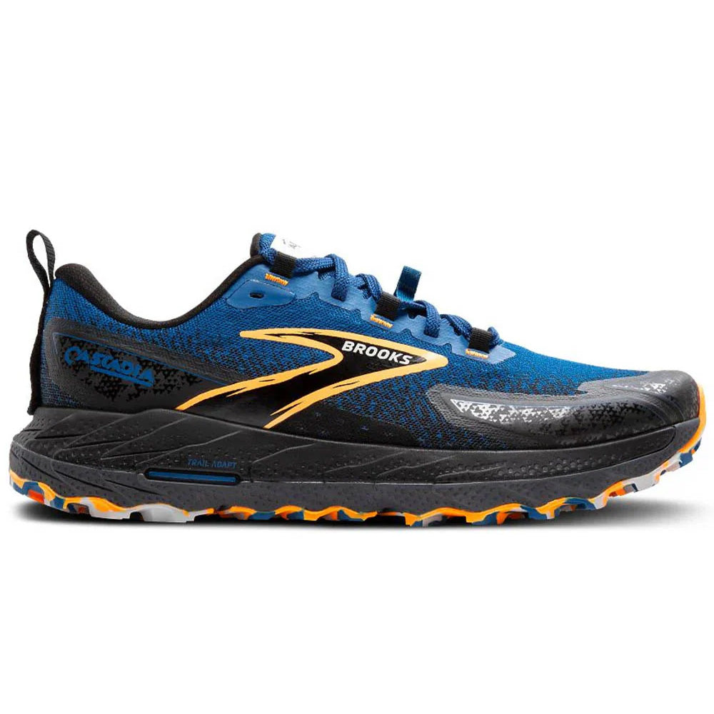 Side view on white background of Mens Brooks Cascadia running shoe in Blue Sapphire/Black/Orange, Medium (Regular) width