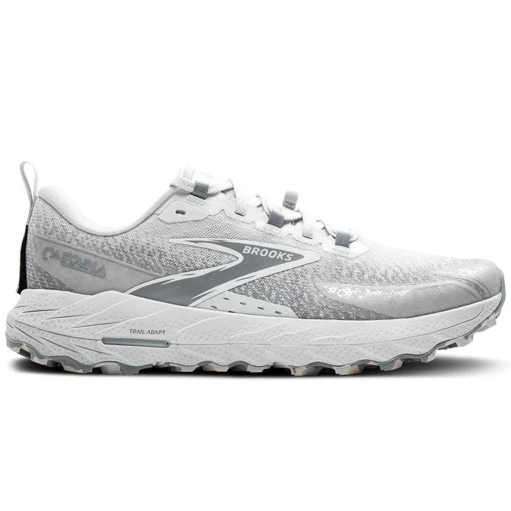 Side view on white background of Mens Brooks Cascadia running shoe in Oyster/Primer Grey/Coconut, Medium (Regular) width