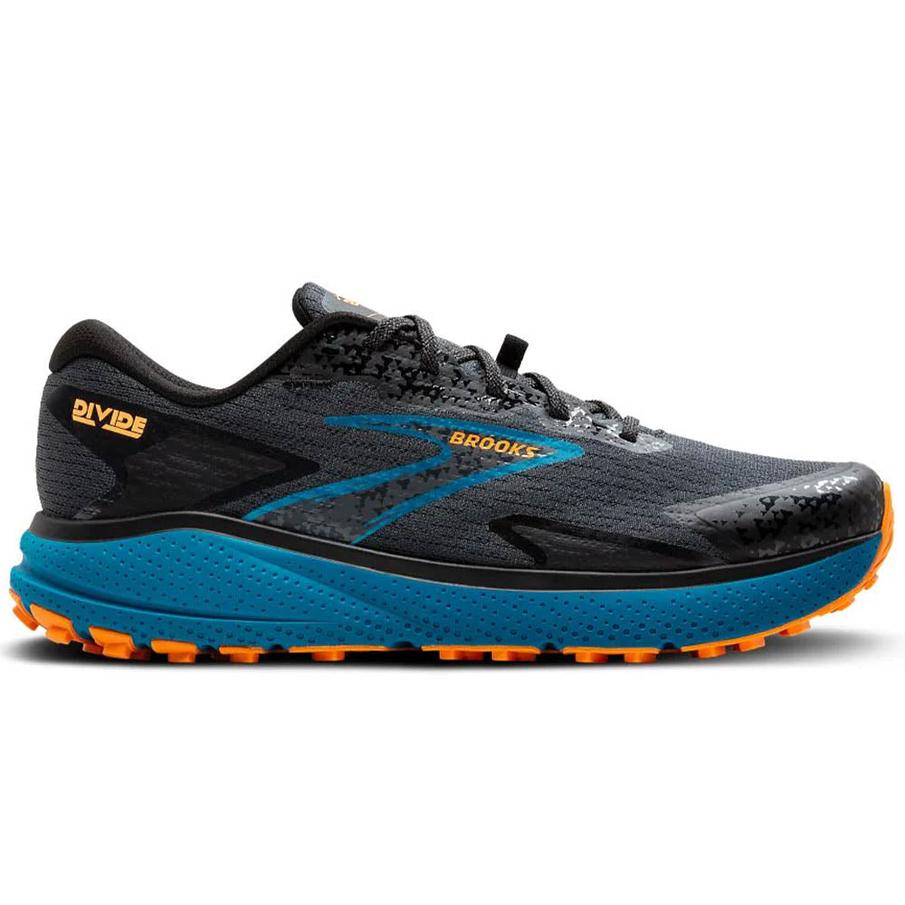 Side view on white background of Mens Brooks Divide running shoe in Ebony/Blue Sapphire/Orange, Medium (Regular) width