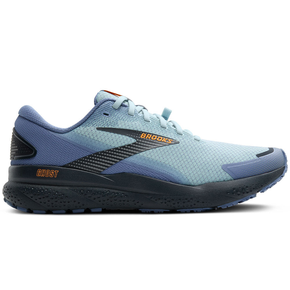Side view on white background of Mens Brooks Ghost running shoe in Country Blue/Winter Sky/Ebony, Medium (Regular) width