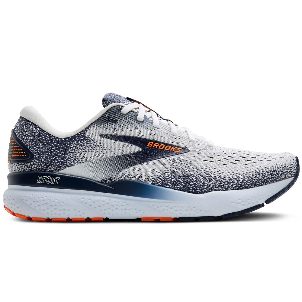 Side view on white background of Mens Brooks Ghost running shoe in White/Peacoat/Orange, Medium (Regular) width