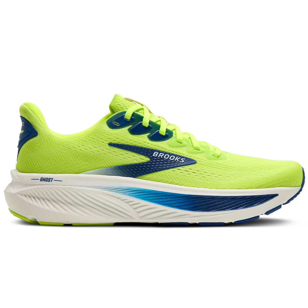 Side view on white background of Mens Brooks Ghost running shoe in Acid Lime/Navy/White, Medium (Regular) width