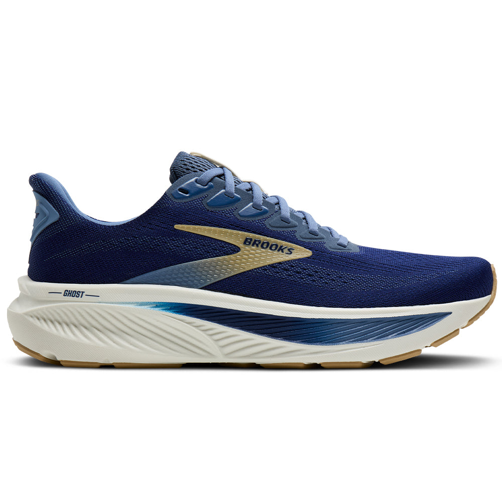 Side view on white background of Mens Brooks Ghost running shoe in Beacon Blue/Moonlight/Starfish, Medium (Regular) width