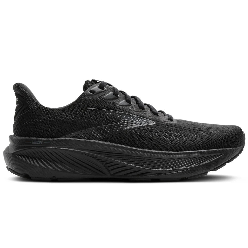 Side view on white background of Mens Brooks Ghost running shoe in Black/Black/Ebony, Medium (Regular) width