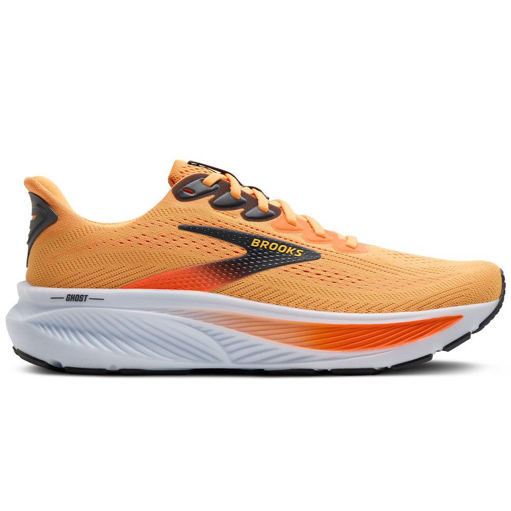 Side view on white background of Mens Brooks Ghost running shoe in Blazing Orange/Yellow/Ebony, Medium (Regular) width