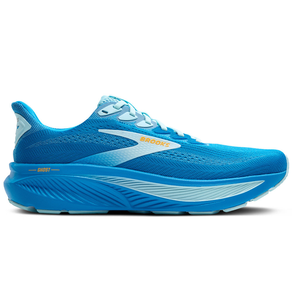 Side view on white background of Mens Brooks Ghost running shoe in Cloissone/Blue/Orange, Medium (Regular) width