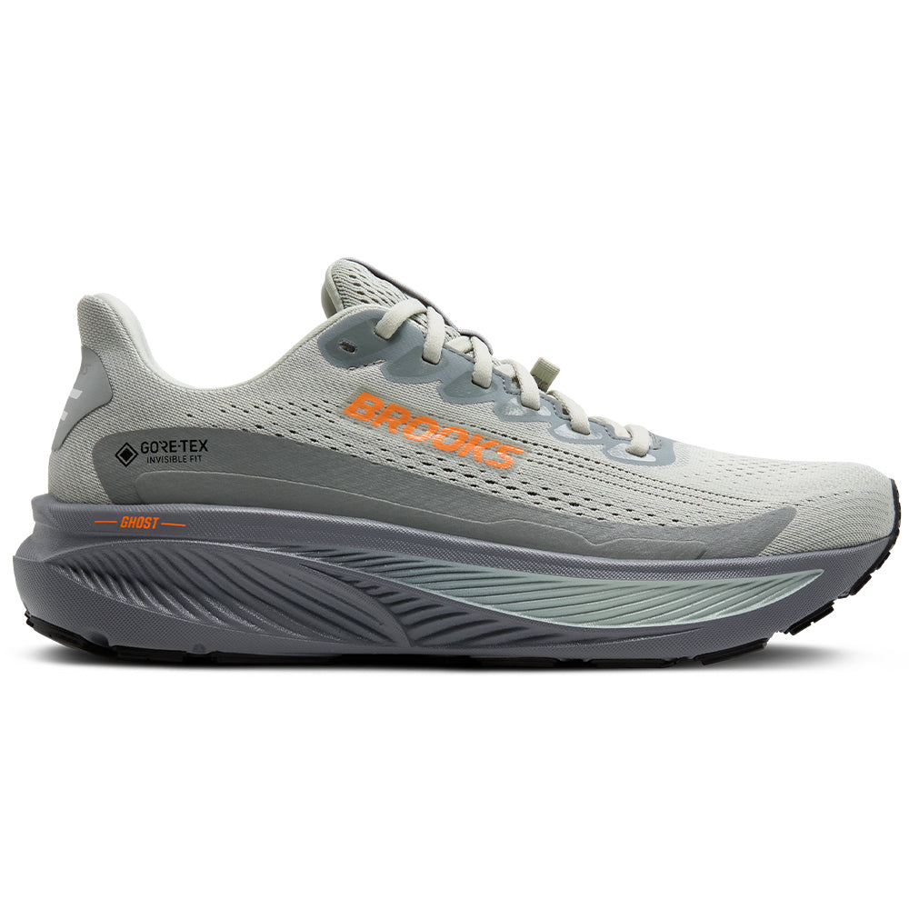 Side view on white background of Mens Brooks Ghost running shoe in Smoke/Primer Grey/Orange, Medium (Regular) width