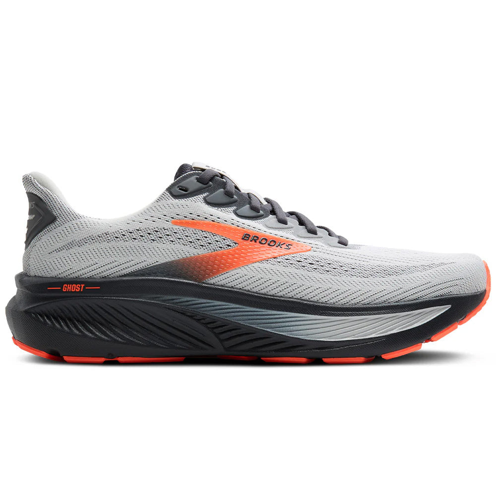 Side view on white background of Mens Brooks Ghost running shoe in Oyster Mushroom/Orange/Ebony, Medium (Regular) width