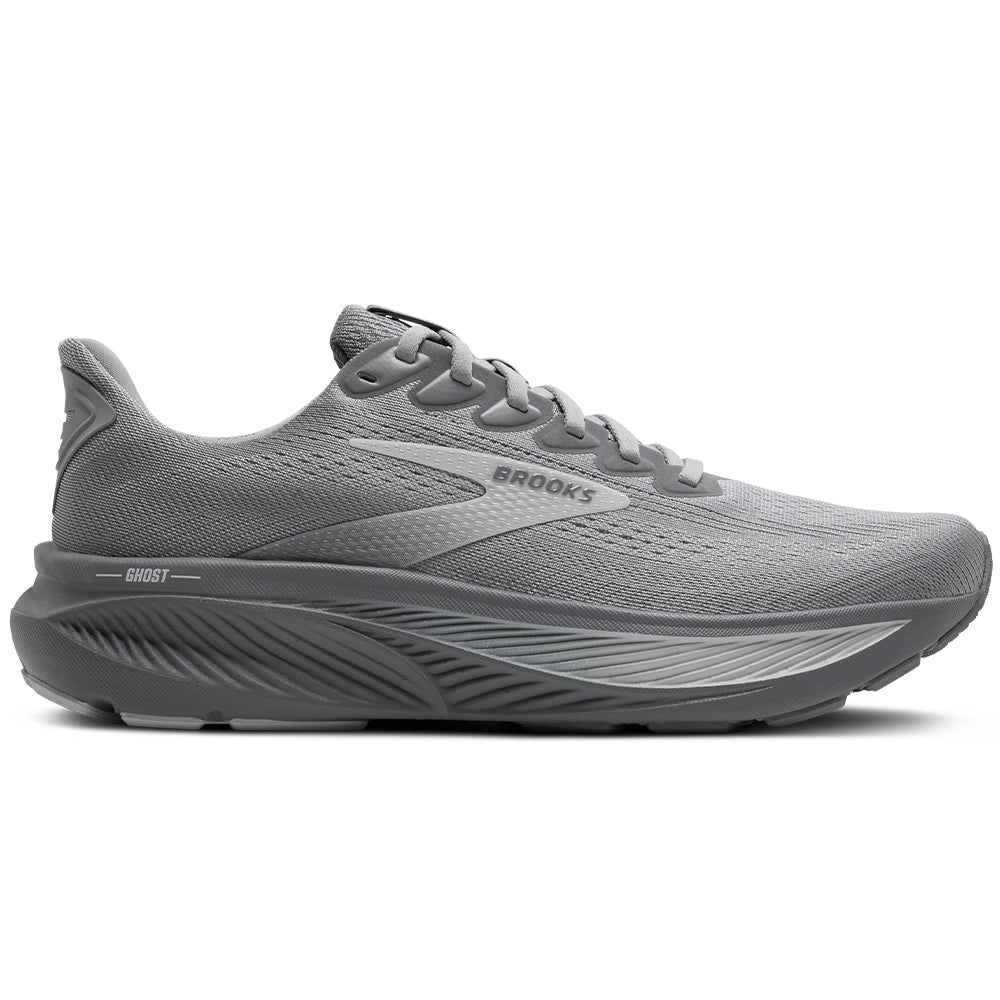 Side view on white background of Mens Brooks Ghost running shoe in Primer Gray/Oyster Mushroom, Wide width