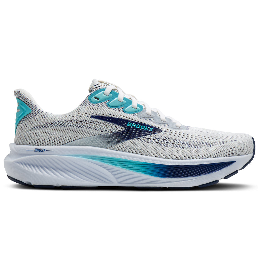 Side view on white background of Mens Brooks Ghost running shoe in White/Beacon Blue/Ipanema, Medium (Regular) width