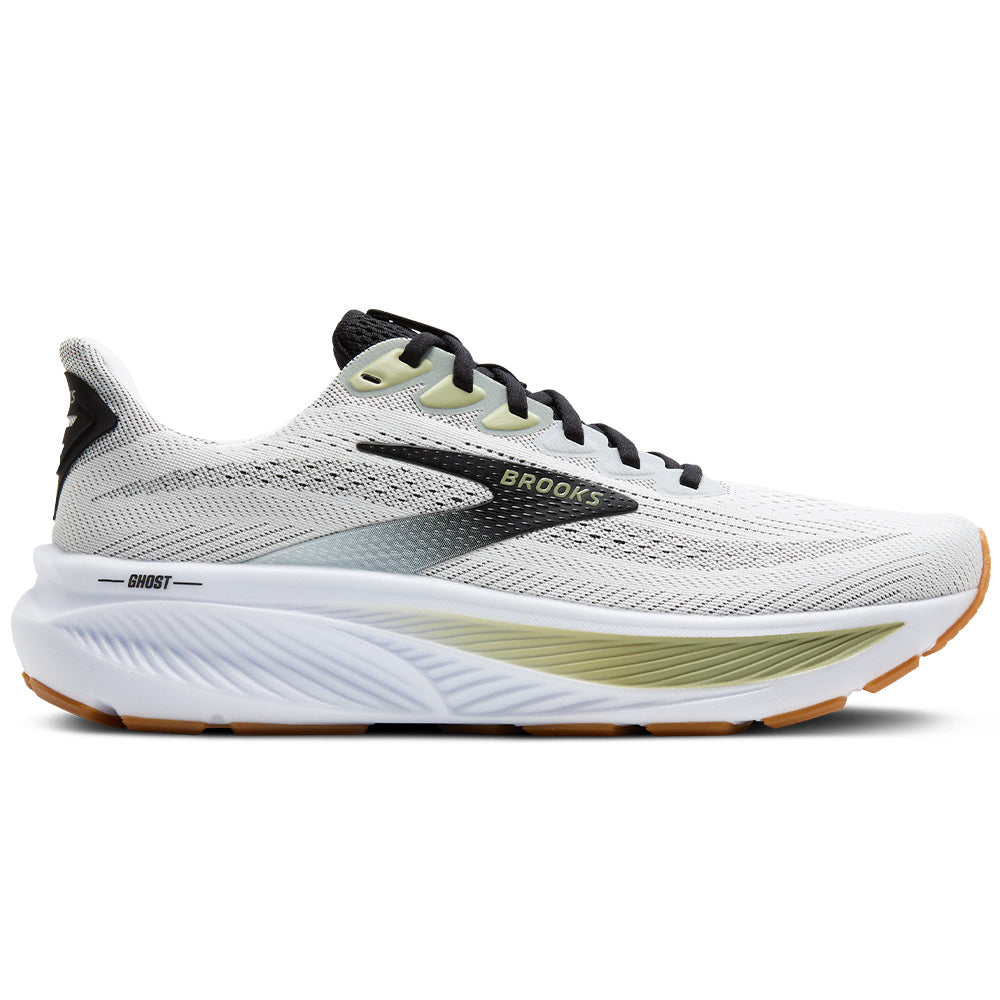 Side view on white background of Mens Brooks Ghost running shoe in White/Black/Tea, Medium (Regular) width