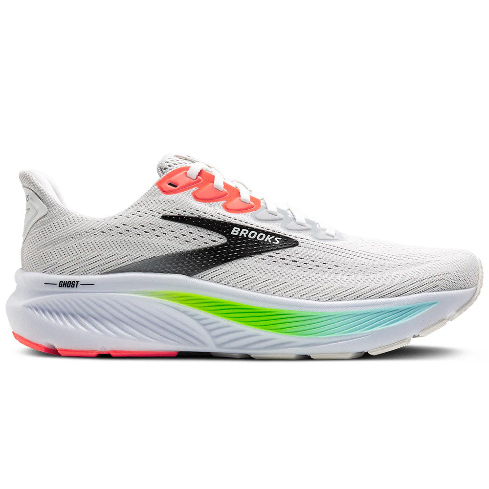 Side view on white background of Mens Brooks Ghost running shoe in White/Pink Clay/Gecko, Wide width