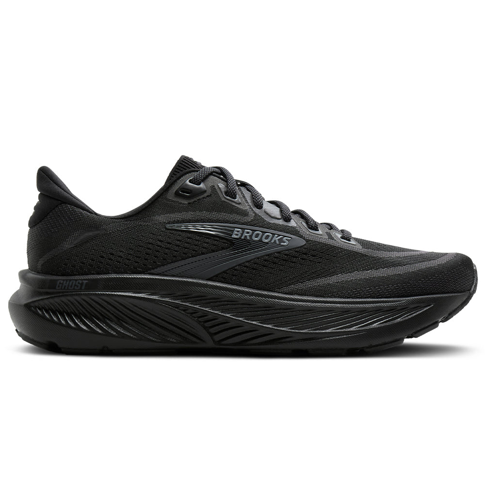 Side view on white background of Mens Brooks Ghost running shoe in Black/Black/Ebony, Wide width