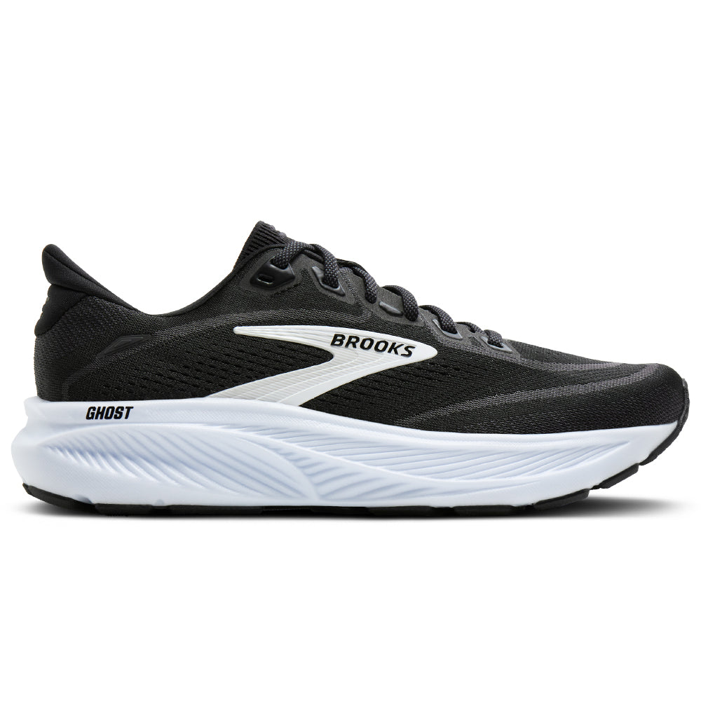 Side view on white background of Mens Brooks Ghost running shoe in Black/Grey/White, Medium (Regular) width