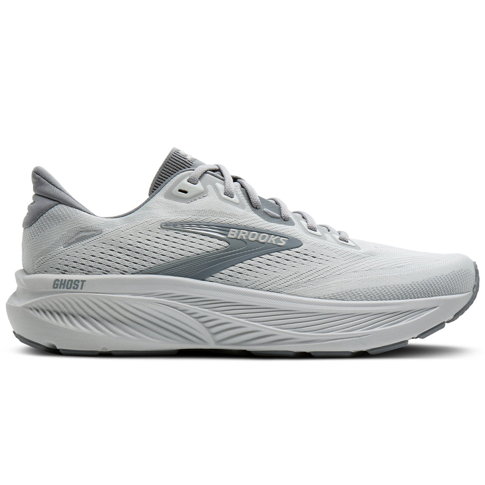 Side view on white background of Mens Brooks Ghost running shoe in Primer Grey/Oyster Mushroom, Wide width