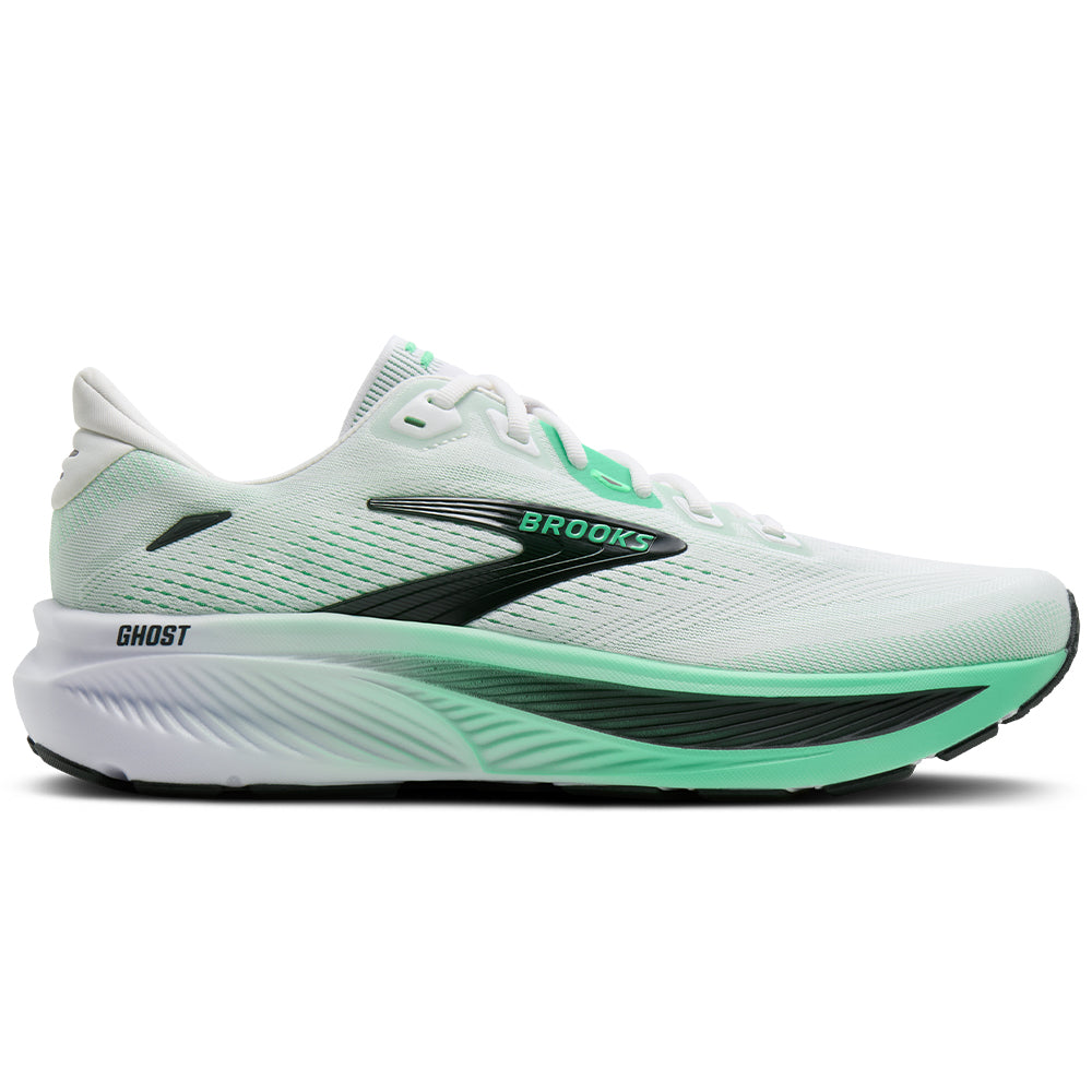 Side view on white background of Mens Brooks Ghost running shoe in White/Spring Bud/Spruce, Medium (Regular) width