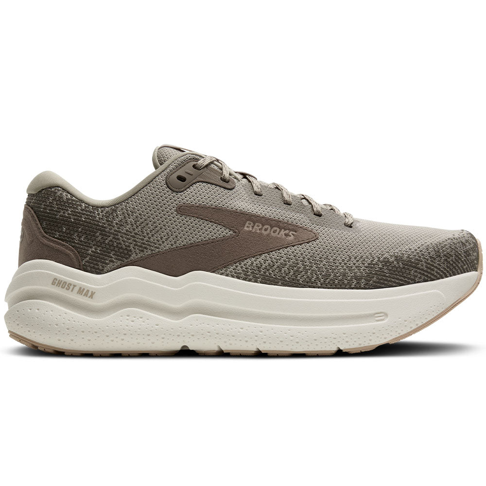 Side view on white background of Mens Brooks Ghost running shoe in London Fog/Falcon/Coconut, Medium (Regular) width