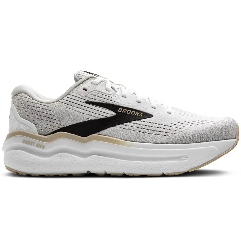 Side view on white background of Mens Brooks Ghost running shoe in White/Pelican/Oyster, Medium (Regular) width