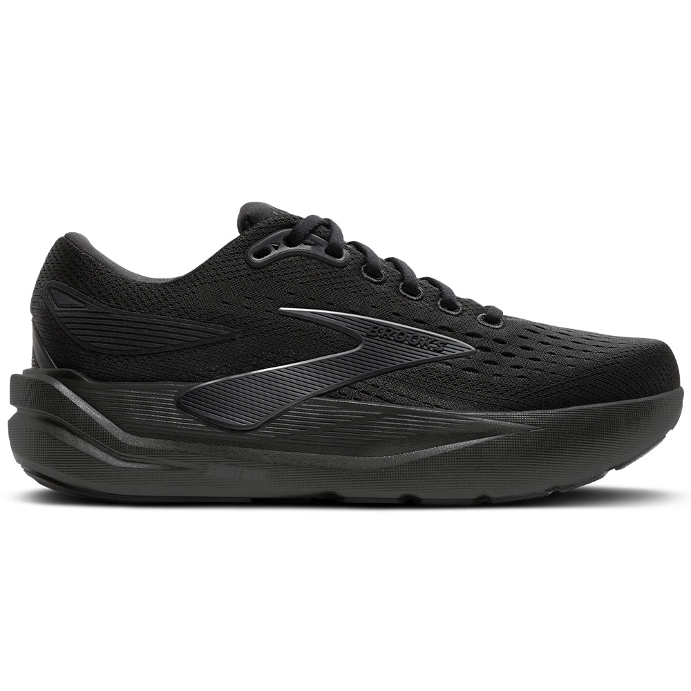 Side view on white background of Mens Brooks Ghost running shoe in Black/Black/Ebony, Medium (Regular) width