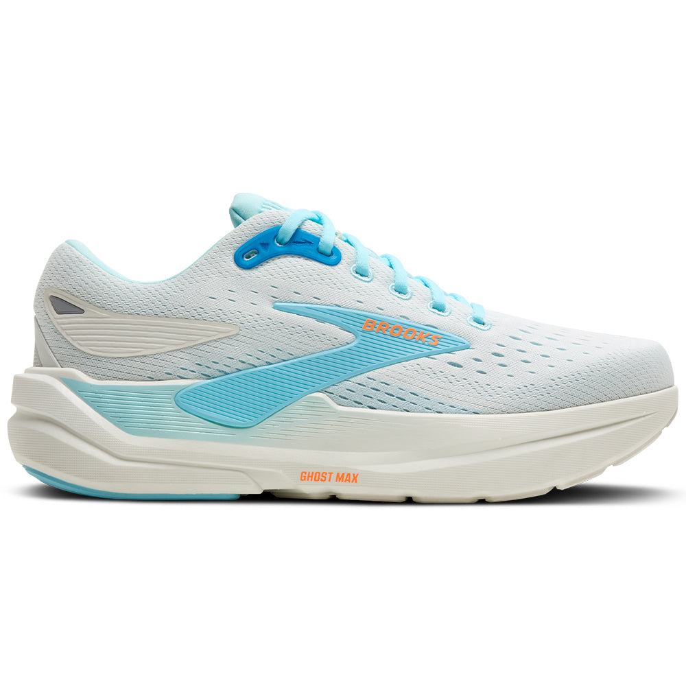 Side view on white background of Mens Brooks Ghost running shoe in Bluewash/Atomizer/Orange, Medium (Regular) width