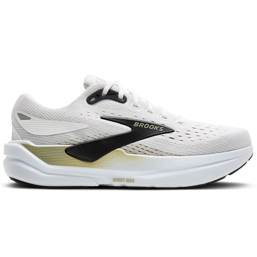 Side view on white background of Mens Brooks Ghost Max 3 running shoe in Bright White/Tea/Black, Wide width