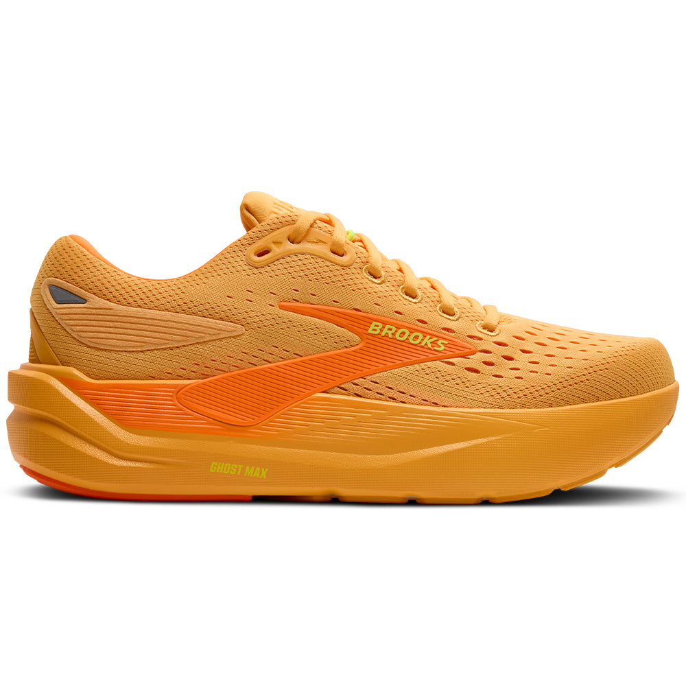Side view on white background of Mens Brooks Ghost running shoe in Orange/Shocking Orange/Excalibur, Medium (Regular) width