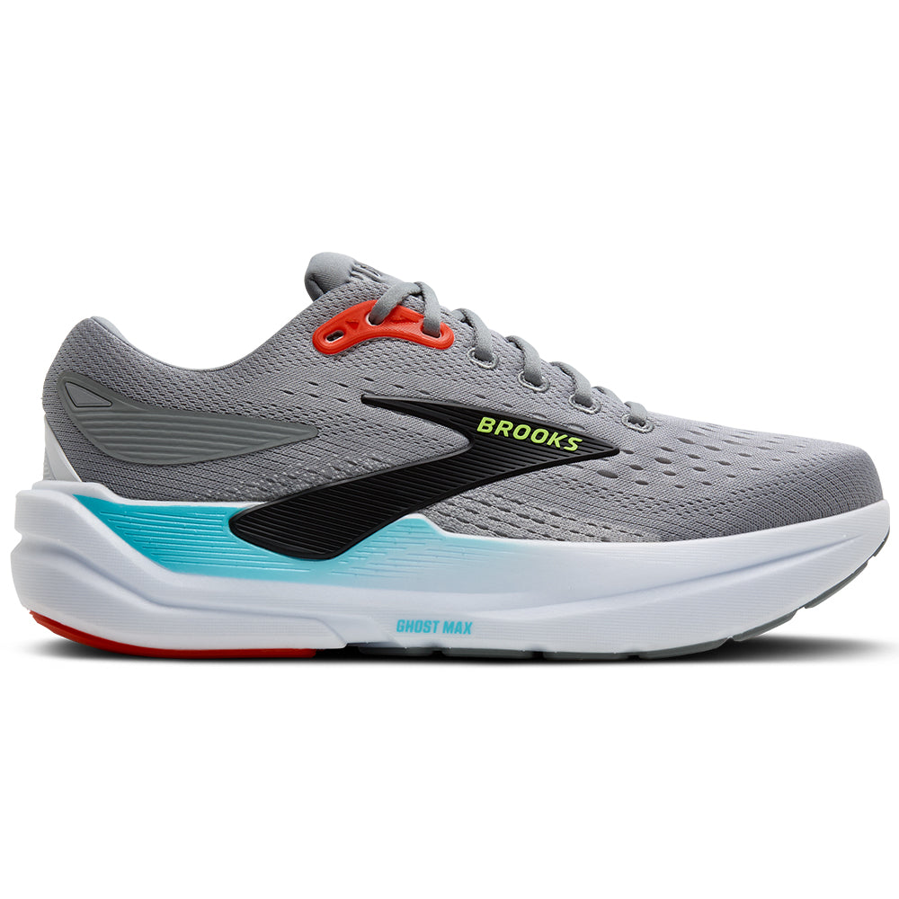 Side view on white background of Mens Brooks Ghost running shoe in Primer Grey/Antarctica/Red, Medium (Regular) width