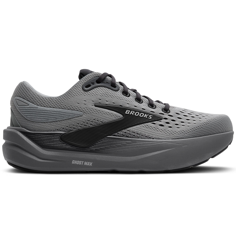 Side view on white background of Mens Brooks Ghost running shoe in Primer Grey/Ebony, Wide width