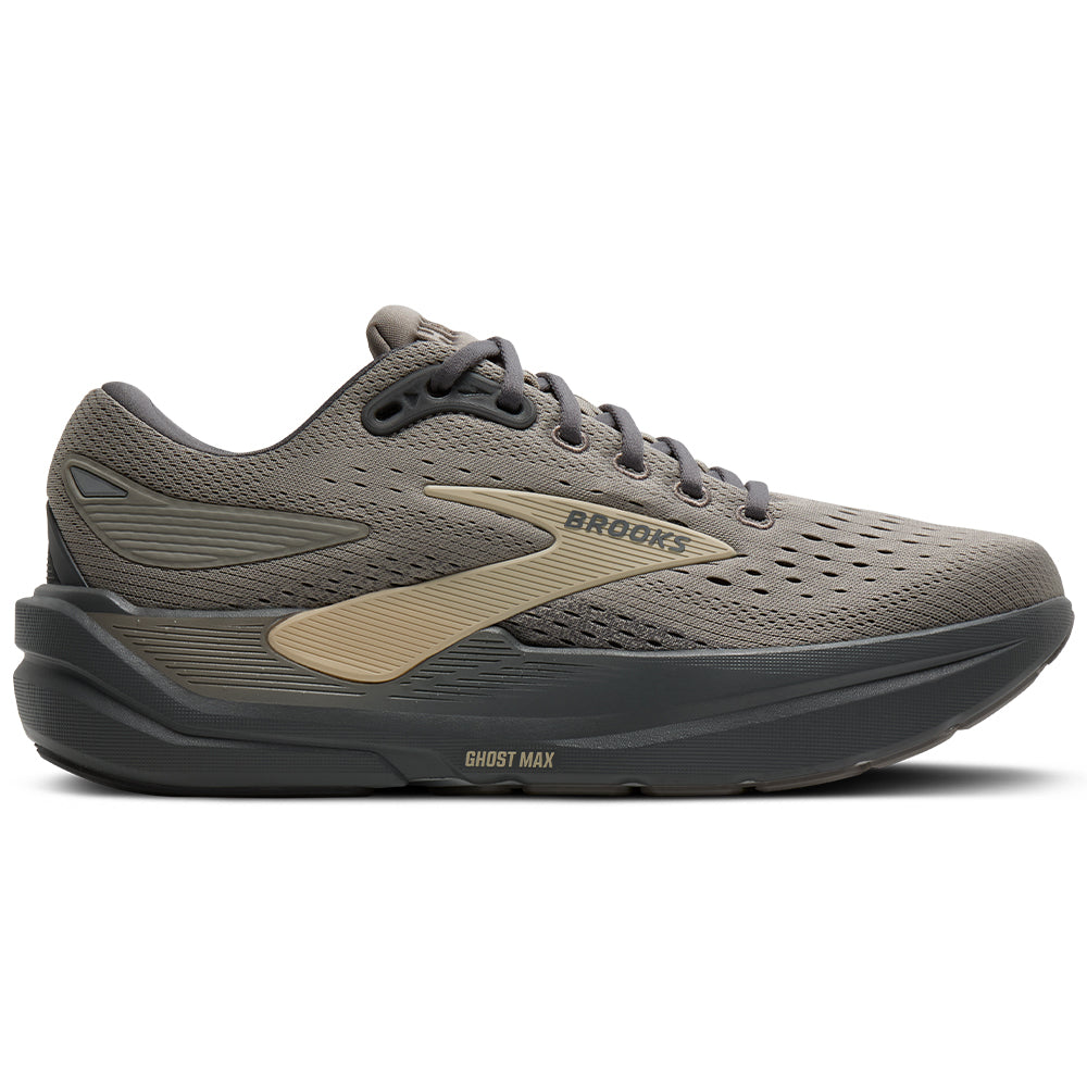 Side view on white background of Mens Brooks Ghost running shoe in Rockridge/Poppyseed/Sand, Medium (Regular) width