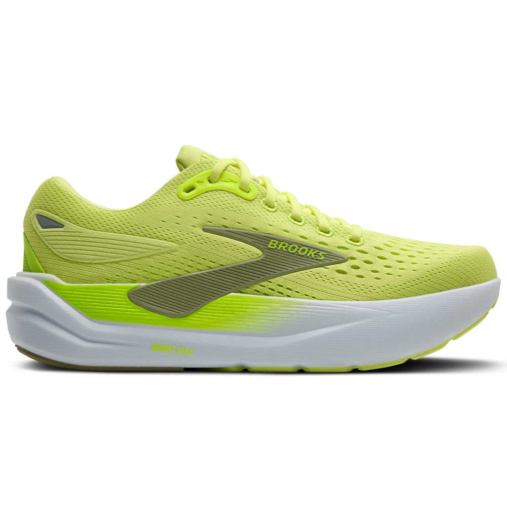 Side view on white background of Mens Brooks Ghost running shoe in Sunny Lime/Acid Lime/Tea, Medium (Regular) width