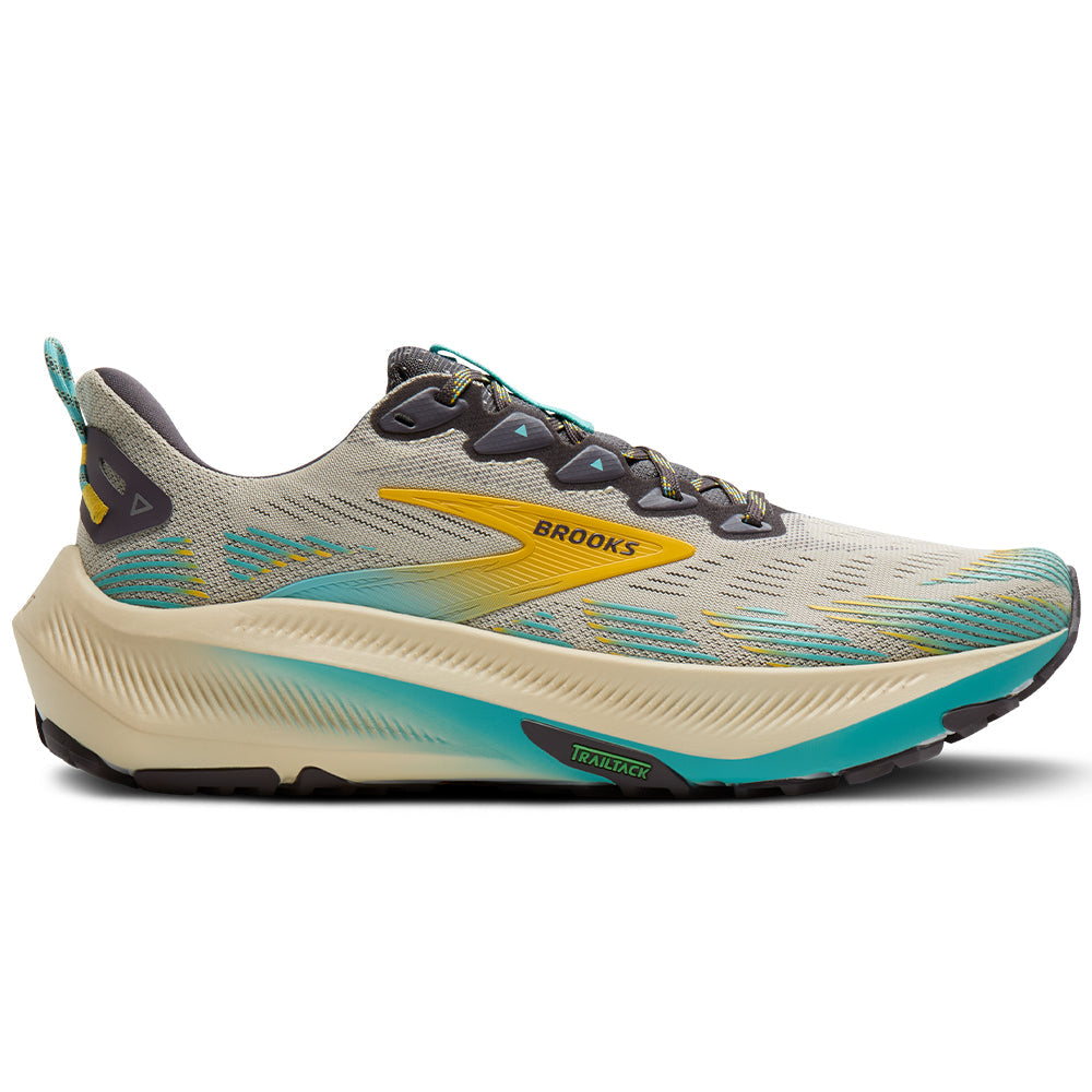 Side view on white background of Mens Brooks Ghost running shoe in Bleached Sand/Rabbit/Bluefish, Medium (Regular) width